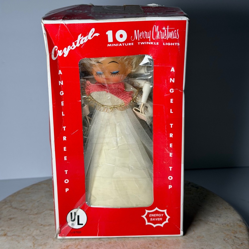 Vintage 1985 Crystal 10 Light Angel Tree Top Topper Cat 201 White Blonde 8in